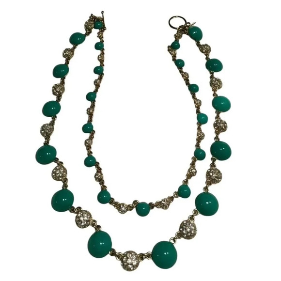 Ann Taylor Gold Tone Turquoise Rhinestone Double Chain Statement Necklace - Picture 3 of 7